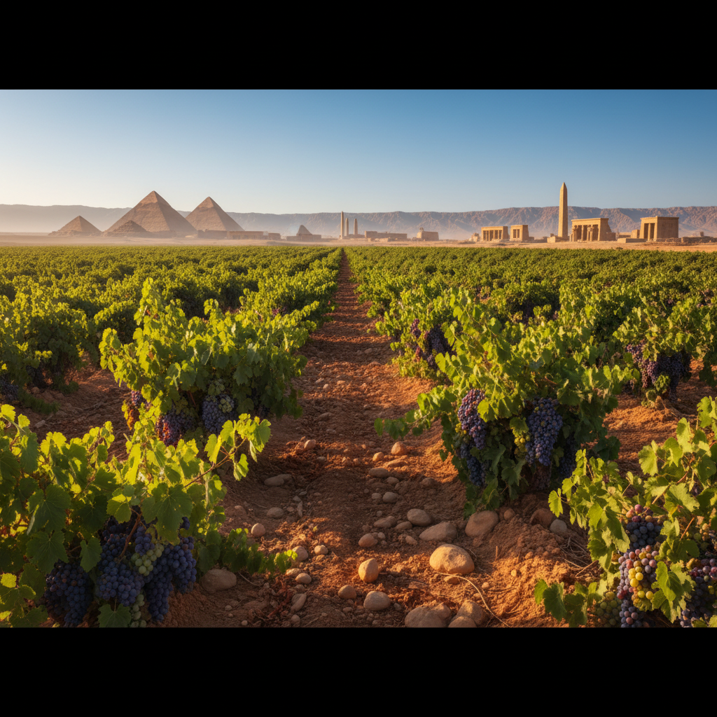 Vinhedo egípcio com parreiras verdes e elementos arquitetônicos antigos ao fundo sob um céu azul e ensolarado.