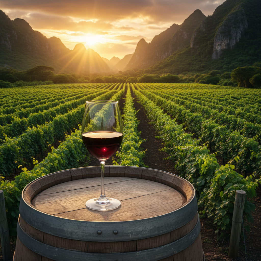 Um vinhedo exuberante em El Salvador, com montanhas tropicais ao fundo sob um pôr do sol dourado. Em primeiro plano, uma taça de vinho tinto repousa sobre um barril de madeira rústico, simbolizando o potencial vitivinícola local.