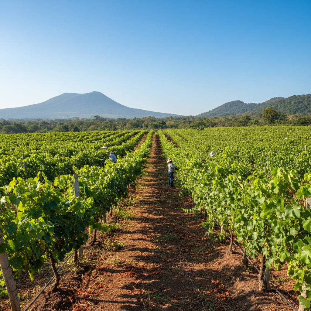 Vinhedo tropical em El Salvador, com parreiras verdes e céu azul, mostrando o terroir único da região e o esforço na produção de vinho.