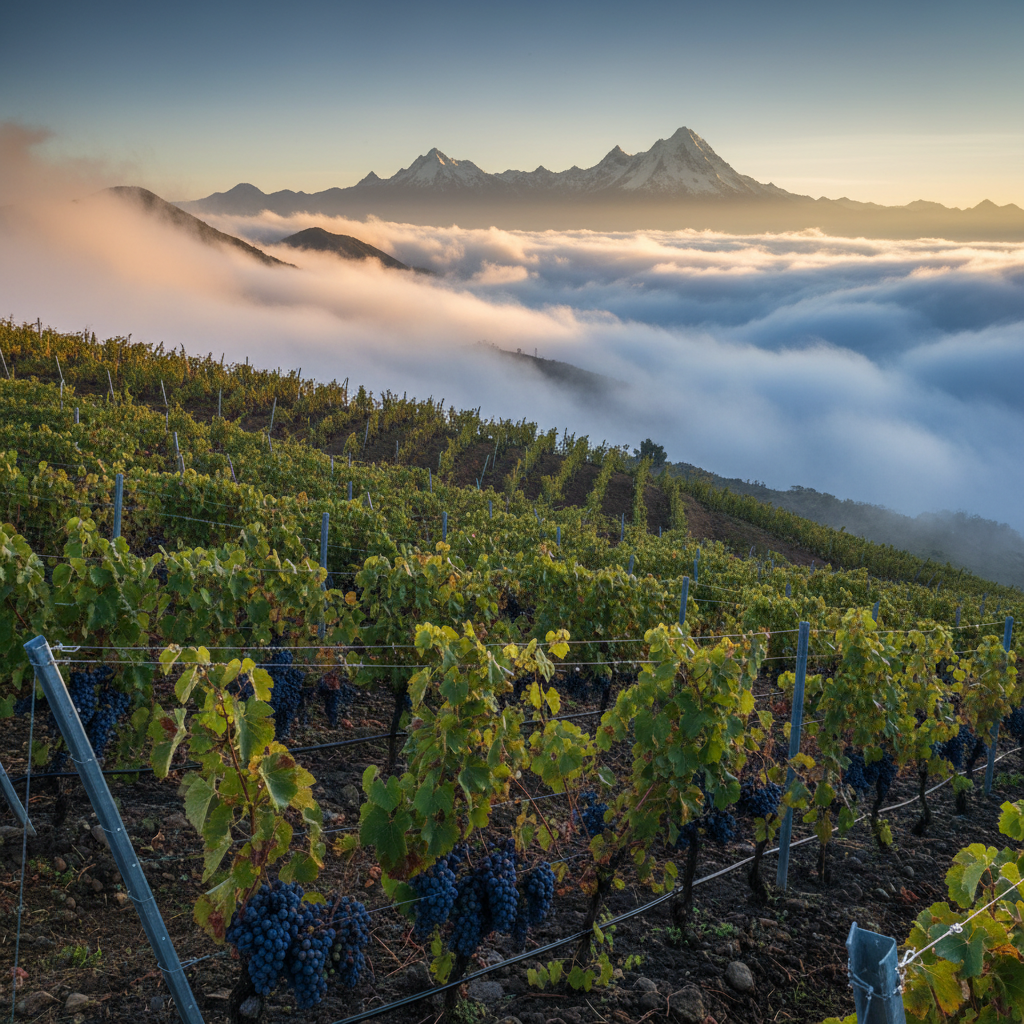 Vinhedo de altitude nos Andes equatorianos, mostrando parreiras cultivadas em meio a um clima desafiador, com nuvens dramáticas e montanhas ao fundo, simbolizando a inovação na viticultura do Equador.