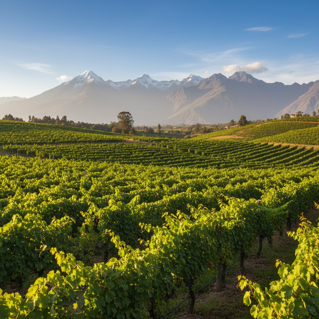Vinhedo exuberante nas altas montanhas dos Andes no Equador, sob um céu azul, com fileiras de videiras recebendo a luz do sol.