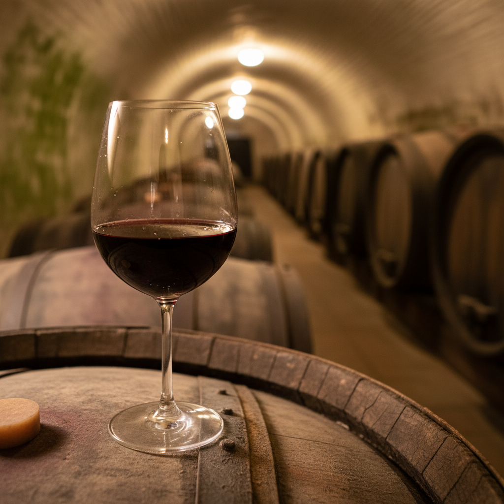 Taça de vinho tinto repousando sobre um barril de carvalho em uma adega tradicional eslovaca, sugerindo a riqueza e história dos vinhos da Europa Central.