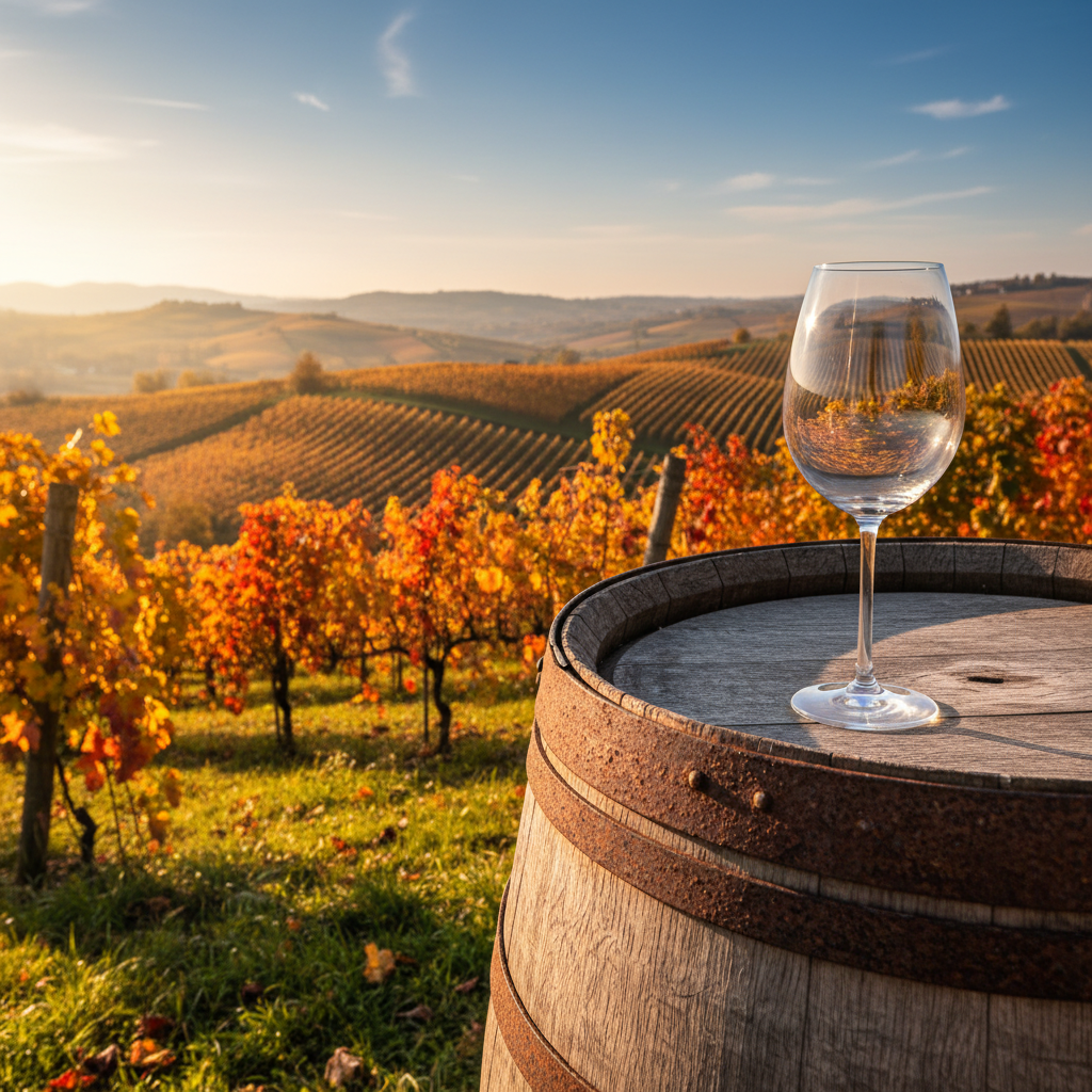 Vinhedo pitoresco na Eslovênia durante o outono, com barril de madeira rústico e taça de vinho vazia.