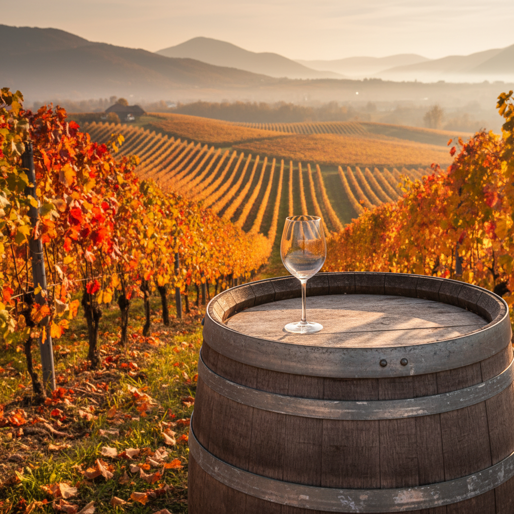 Vinhedo esloveno pitoresco no outono, com barril de madeira e taça de vinho, simbolizando a riqueza dos vinhos eslovenos.