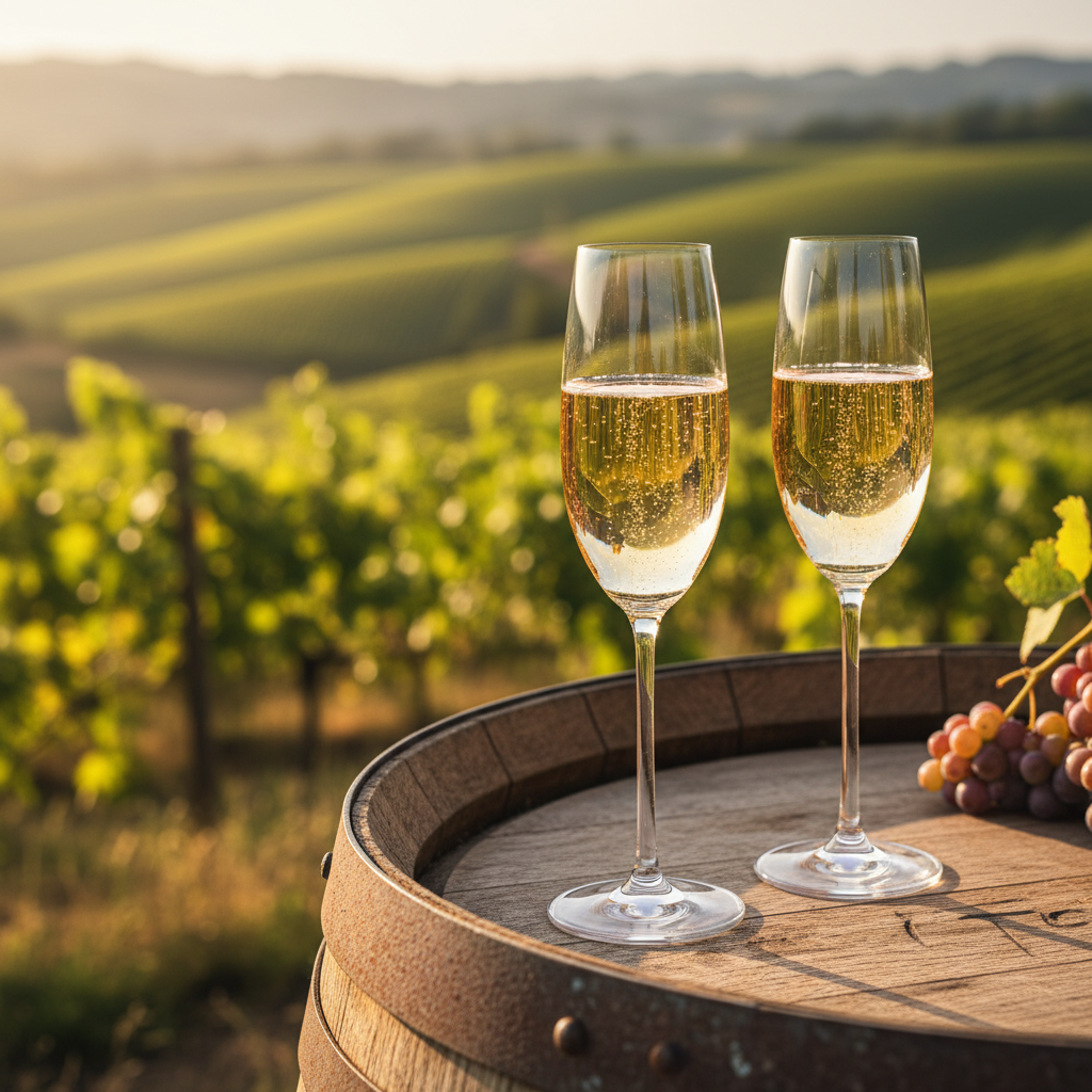 Duas taças de vinho espumante com bolhas finas sobre um barril de carvalho, com um vinhedo ensolarado ao fundo, simbolizando a comparação entre Champagne e espumante britânico.