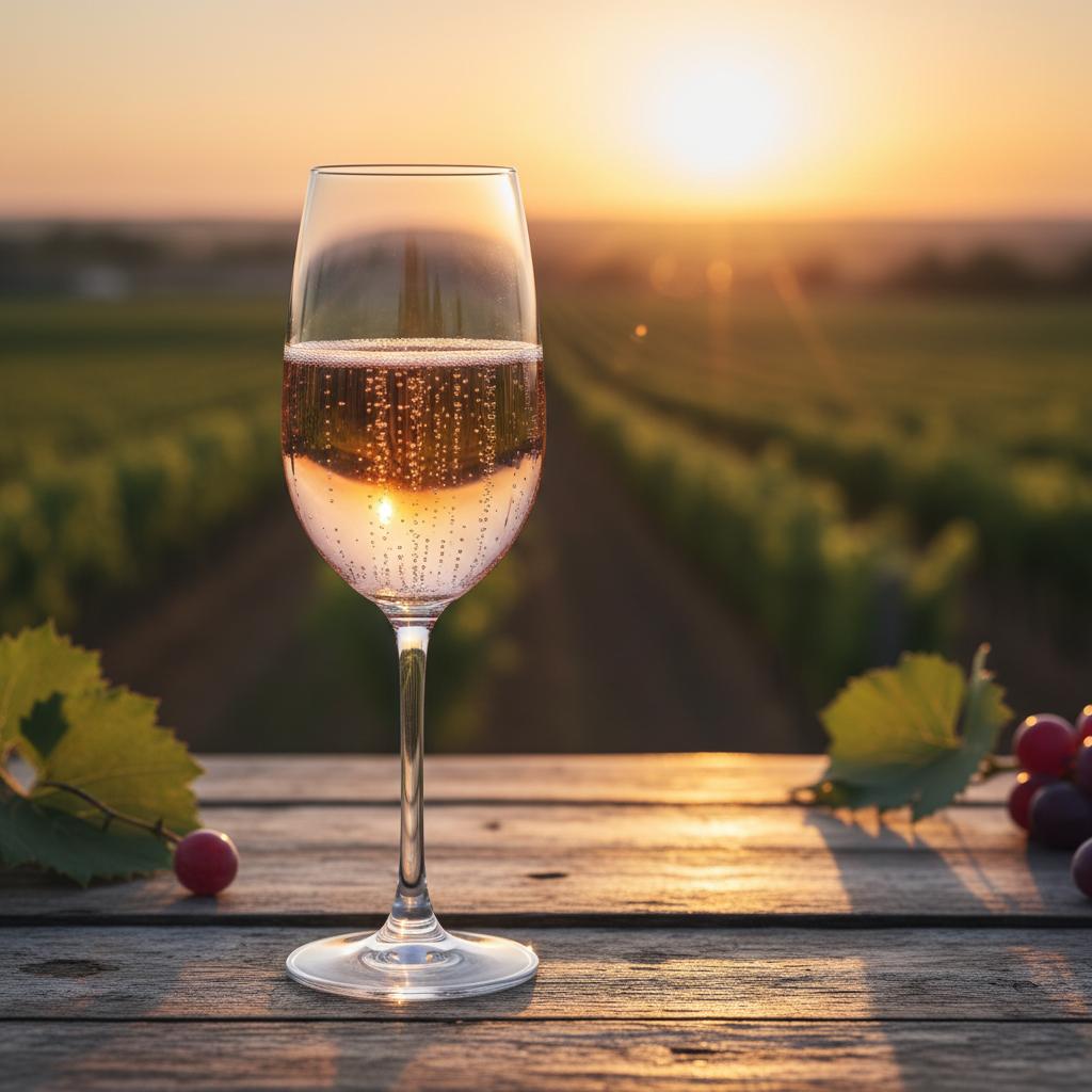 Taça elegante de vinho espumante rosé com bolhas finas em uma mesa de madeira rústica, com um vinhedo ensolarado ao fundo.