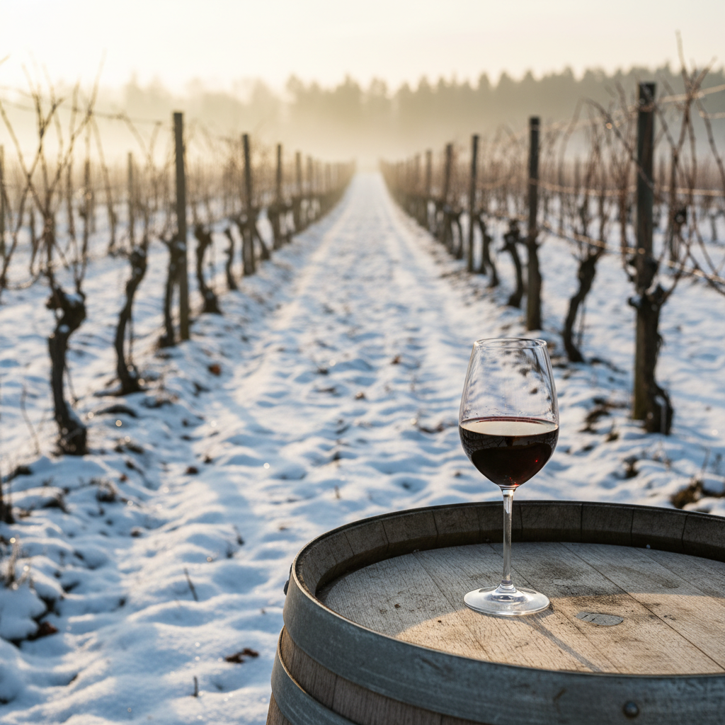 Vinhedo estoniano com neve e um copo de vinho tinto em um barril de madeira, sob luz dourada