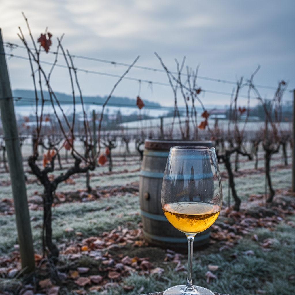 Vinhedo estoniano em clima frio com taça de vinho e barril de madeira, simbolizando a viticultura em regiões extremas.