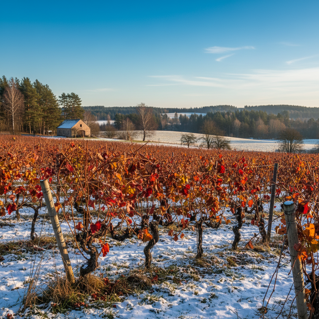 Vinhedo estoniano no final do outono, com videiras resilientes e um leve toque de neve, sob um céu claro e nítido.
