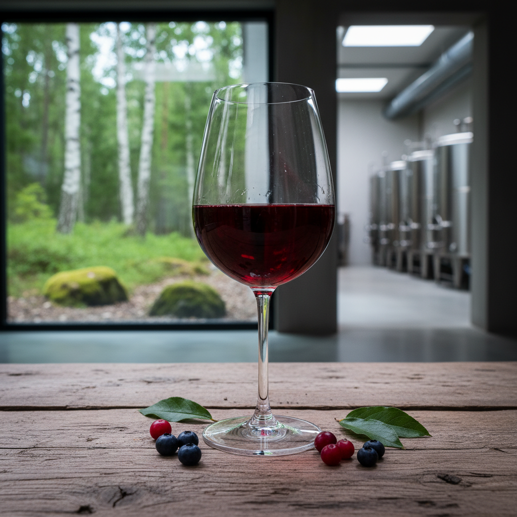 Taça de vinho de fruta estoniano de cor rubi intensa, sobre mesa de madeira rústica, com floresta e bagas ao fundo.
