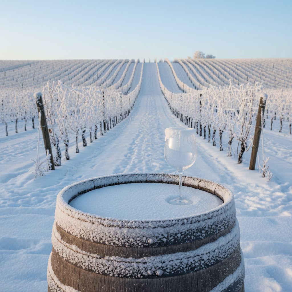 Vinhedo coberto de neve e gelo em um clima extremo, com um copo de vinho gelado sobre um barril de madeira, simbolizando a viticultura em regiões frias.