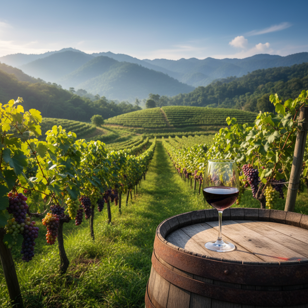Vinhedo tropical nas Filipinas com um copo de vinho tinto em um barril de madeira, destacando a paisagem emergente da viticultura filipina.
