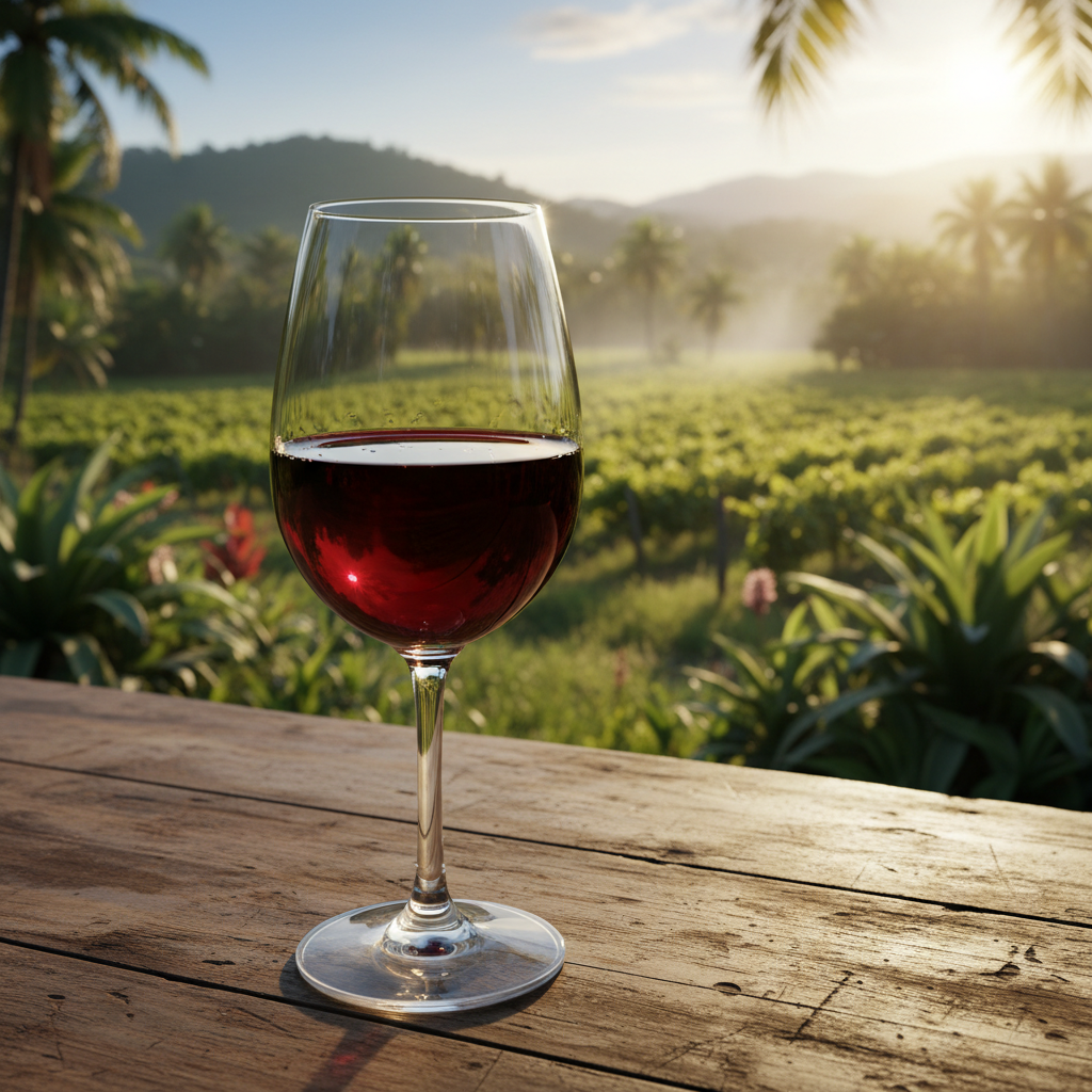 Taça de vinho tinto filipino em uma mesa de madeira rústica, com um vinhedo tropical exuberante e ensolarado ao fundo.