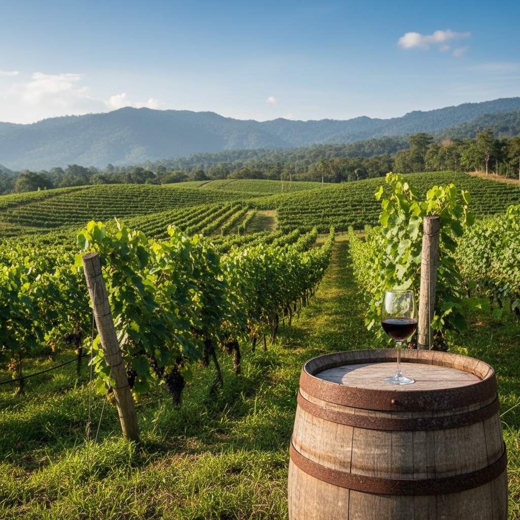 Vinhedo tropical exuberante nas Filipinas, com um barril de madeira rústico e um copo de vinho tinto, simbolizando a produção local e a viticultura.