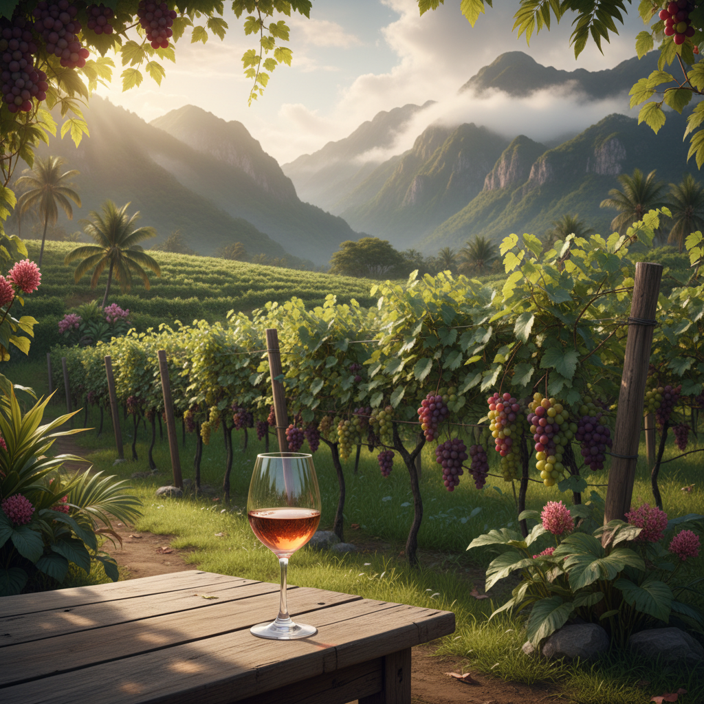 Taça de vinho tinto em mesa rústica com vinhedo tropical filipino exuberante ao fundo.