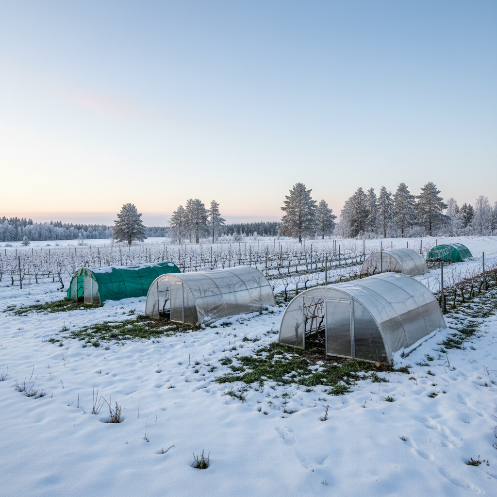 Vinhedo resiliente na Finlândia, com parreiras de uva sob estruturas de proteção contra o frio, cercado por neve e paisagem ártica.