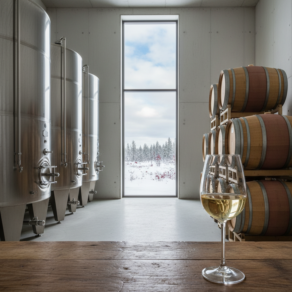 Instalações modernas de produção de vinho na Finlândia, com tanques de aço e barris de carvalho, e uma taça de vinho de frutas em primeiro plano.
