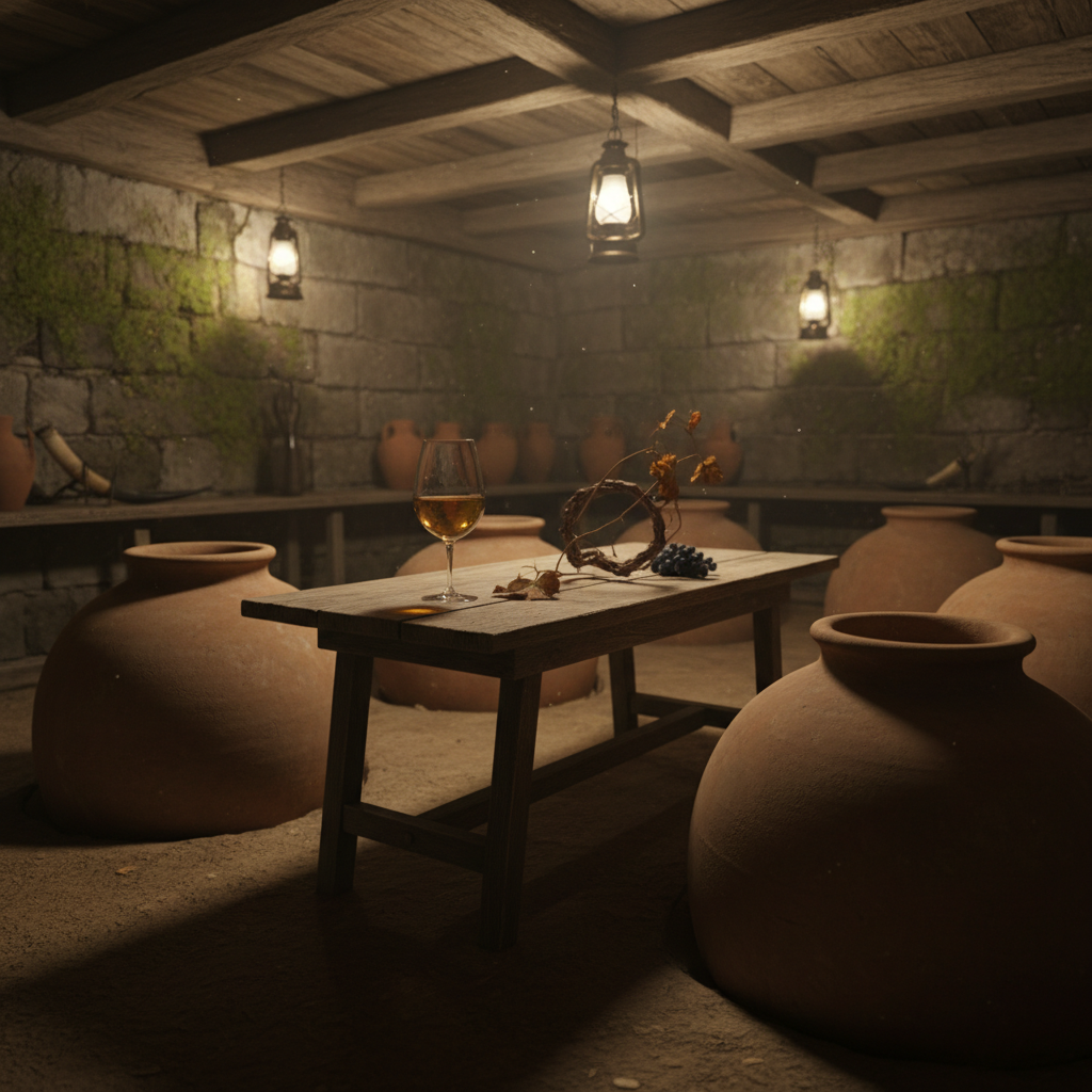 Adega tradicional georgiana com ânforas Qvevri enterradas e taça de vinho âmbar sobre mesa rústica.