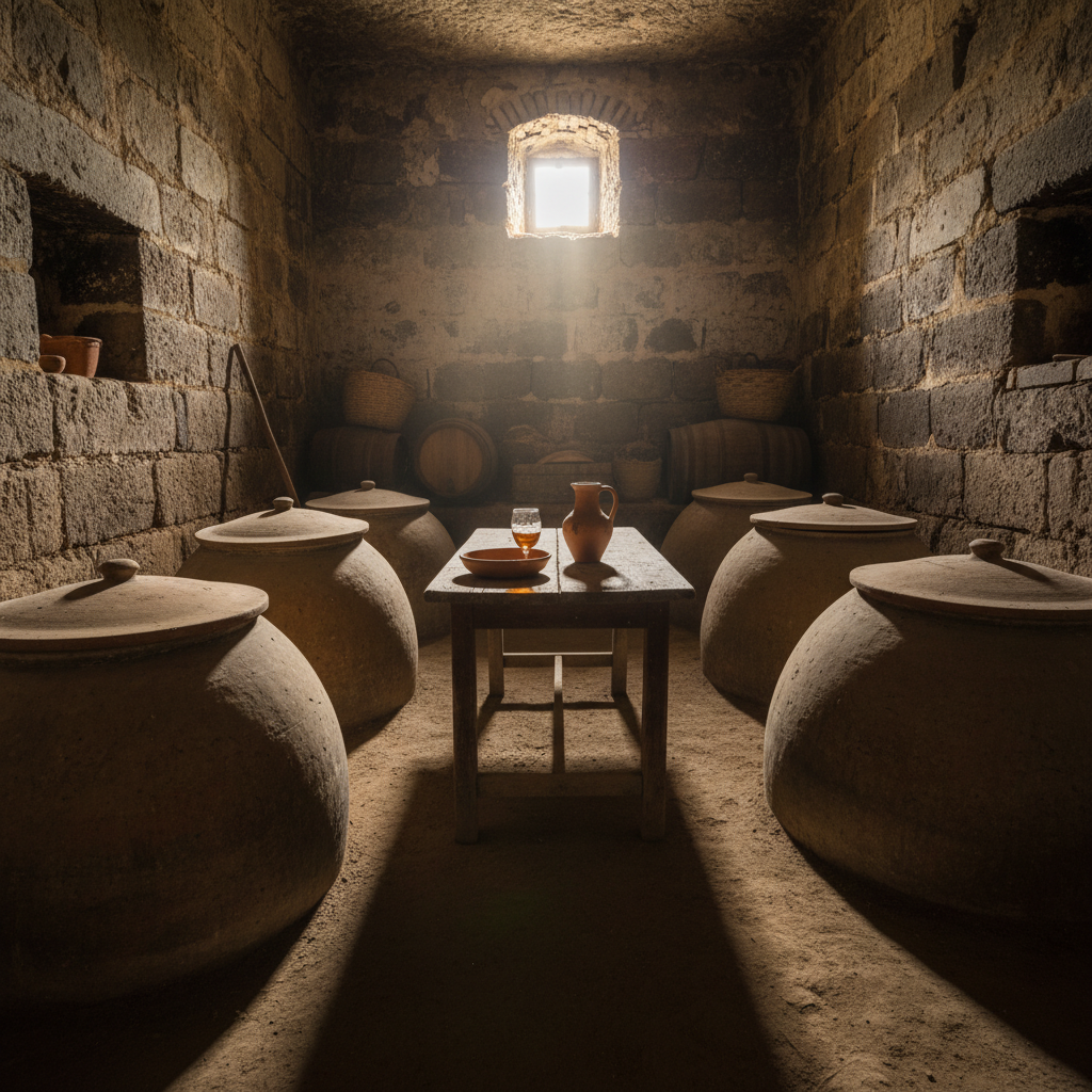 Antiga adega georgiana (marani) com ânforas Qvevri enterradas no chão e vinho âmbar em taças rústicas.