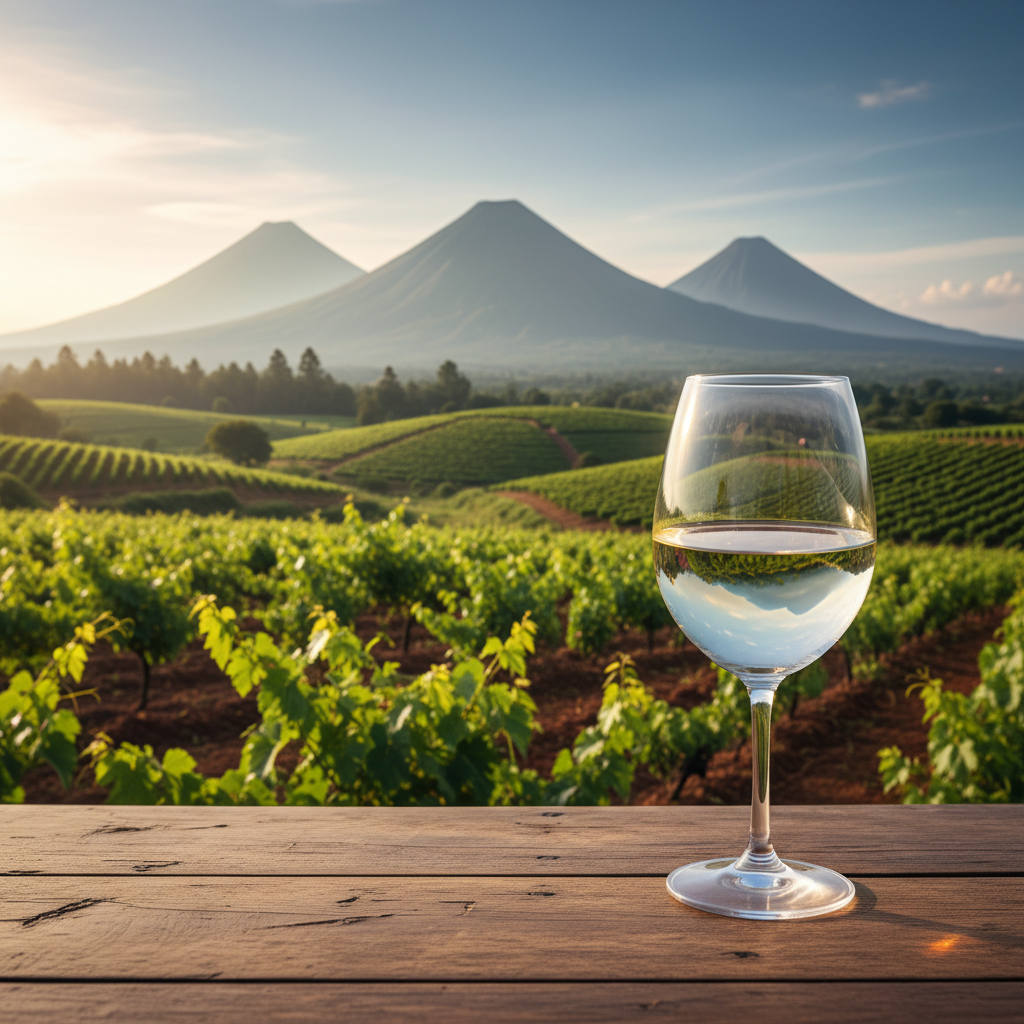 Vinhedo de alta altitude na Guatemala, com montanhas vulcânicas ao fundo e um copo de vinho em primeiro plano, simbolizando a evolução da produção de vinho no país.