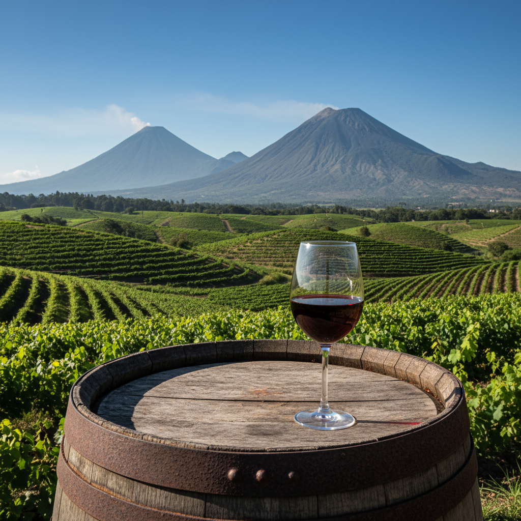 Vinhedo exuberante nas terras altas da Guatemala com montanhas vulcânicas ao fundo, e um barril de vinho rústico com uma taça de vinho tinto à luz do sol.