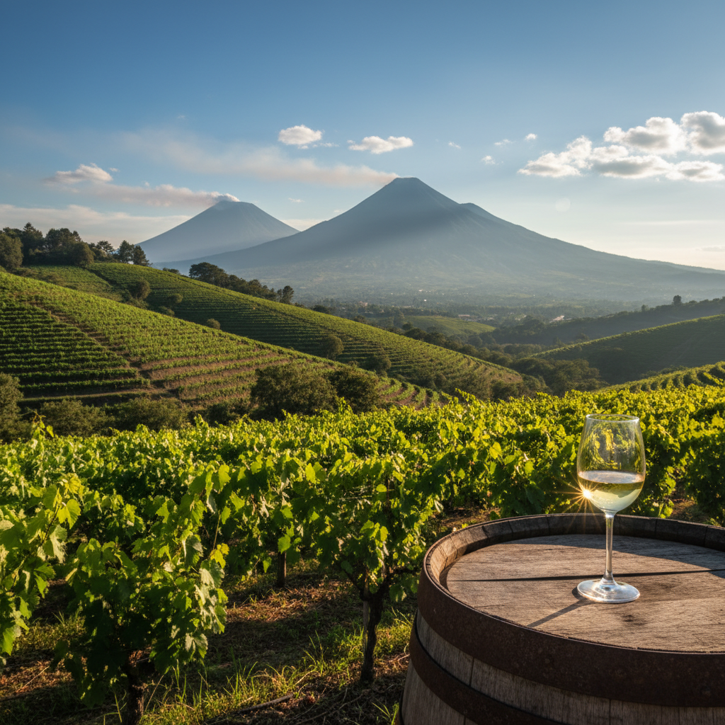 Vinhedo em altitude na Guatemala com montanhas vulcânicas ao fundo, e uma taça de vinho elegante sobre um barril de madeira, simbolizando a singularidade e a emergência da viticultura guatemalteca.