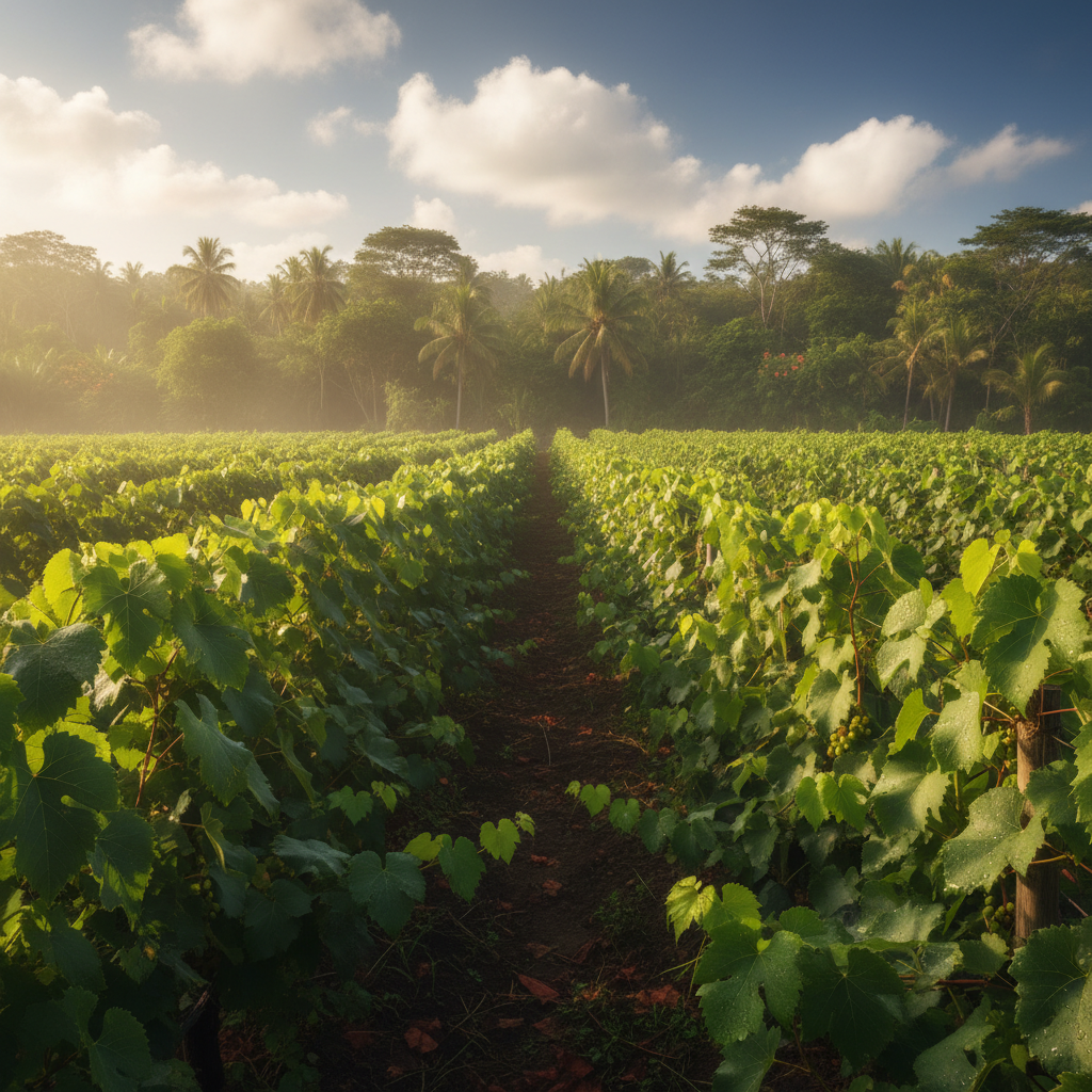 Vinhedo em Honduras, mostrando parreiras adaptadas ao clima tropical úmido e quente, com vegetação exuberante ao redor.