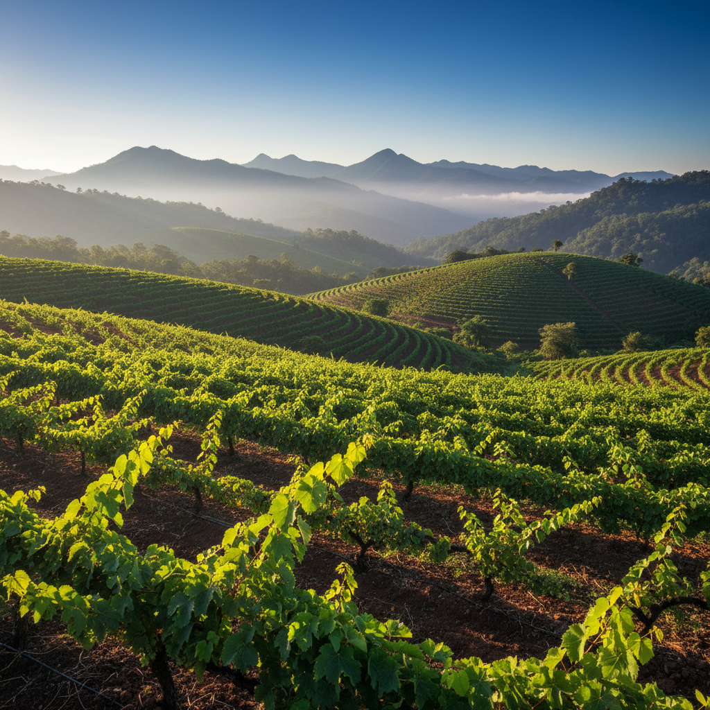 Vinhedo verdejante em colinas tropicais de Honduras, simbolizando o novo horizonte da produção de vinho no país.