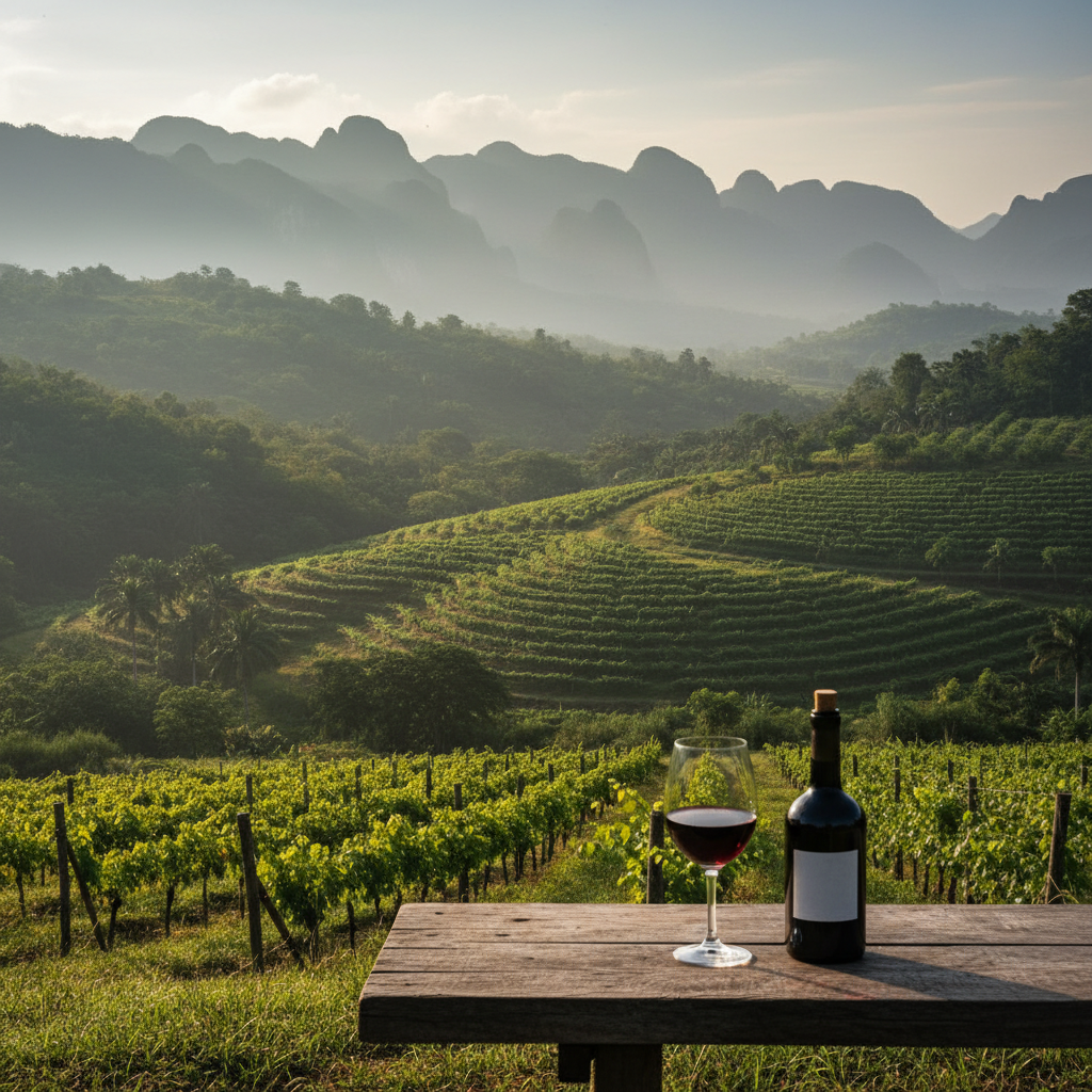 Vinhedo artesanal em Honduras com montanhas ao fundo e uma taça de vinho tinto sobre um barril de madeira rústico.