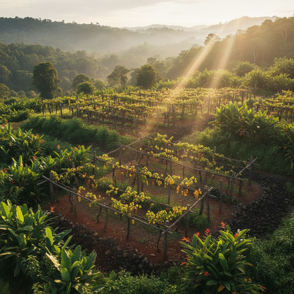 Vinhedo rústico em uma região montanhosa tropical de Honduras, com videiras exuberantes sob o sol.
