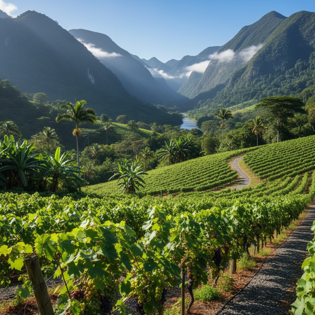 Vinhedo exuberante em uma paisagem montanhosa tropical em Honduras, simbolizando o potencial da indústria vinícola emergente.