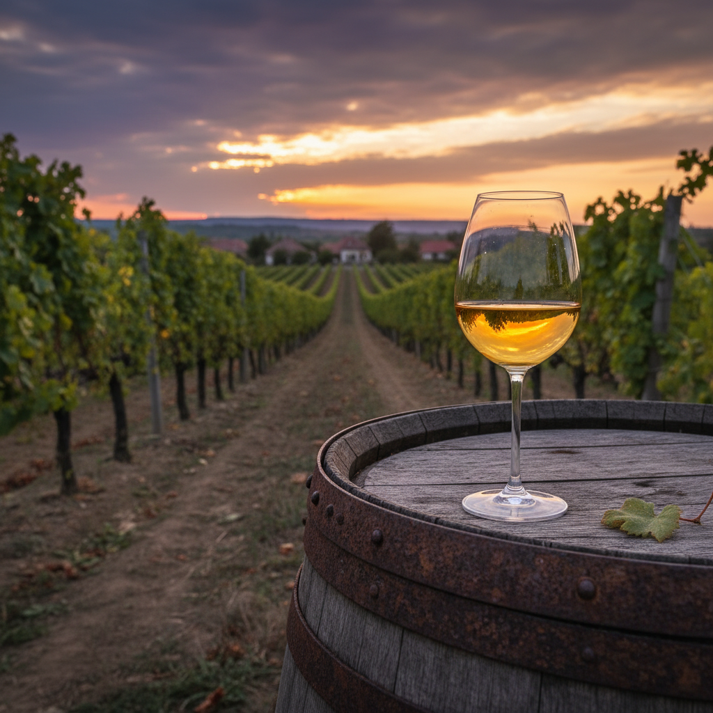 Taça de vinho húngaro dourado sobre barril de carvalho em um vinhedo húngaro ao pôr do sol, com fileiras de videiras ao fundo.