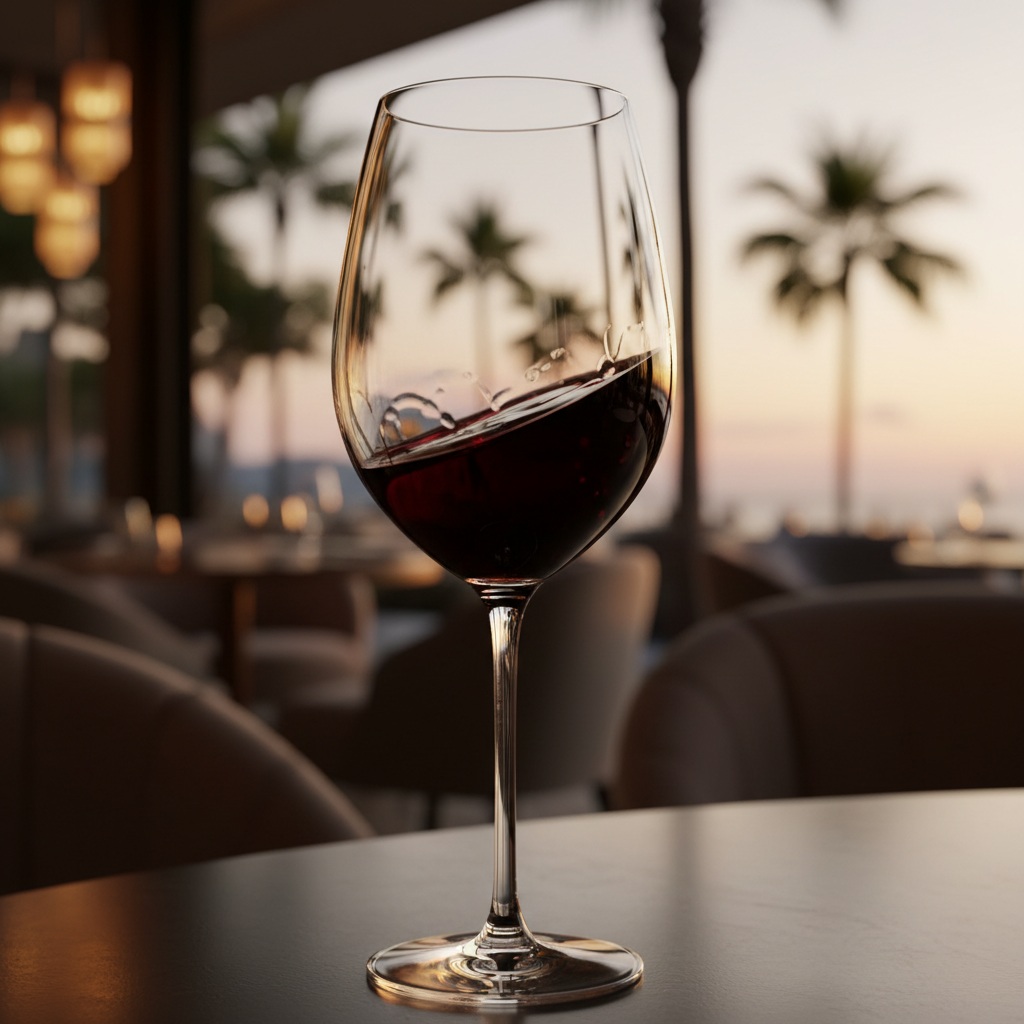Taça de vinho tinto em um ambiente elegante e sofisticado, com reflexos de luz e um toque de atmosfera tropical ao fundo.