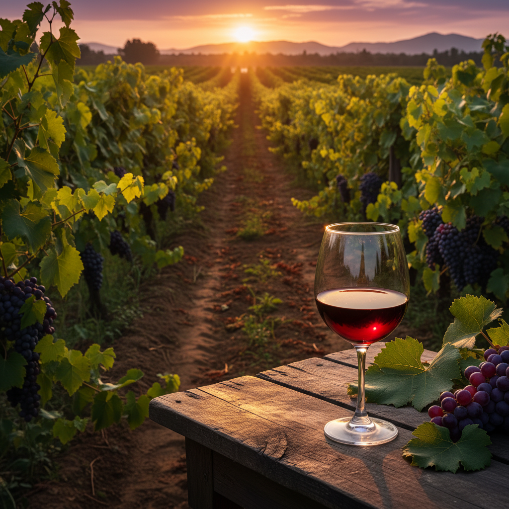 Vinhedo indiano exuberante ao pôr do sol, com uma taça de vinho tinto em primeiro plano, simbolizando a qualidade e o custo-benefício dos vinhos locais.