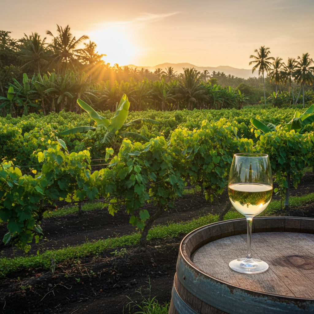 Vinhedo tropical exuberante na Indonésia ao pôr do sol, com uma taça de vinho branco sobre um barril de madeira, simbolizando a fusão entre a tradição local e a viticultura moderna.