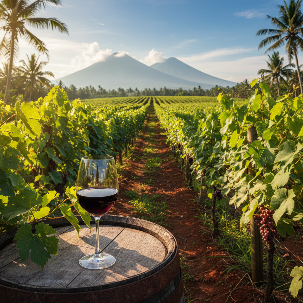 Vinhedo tropical exuberante na Indonésia com uma taça de vinho, destacando a paisagem vulcânica ao fundo.