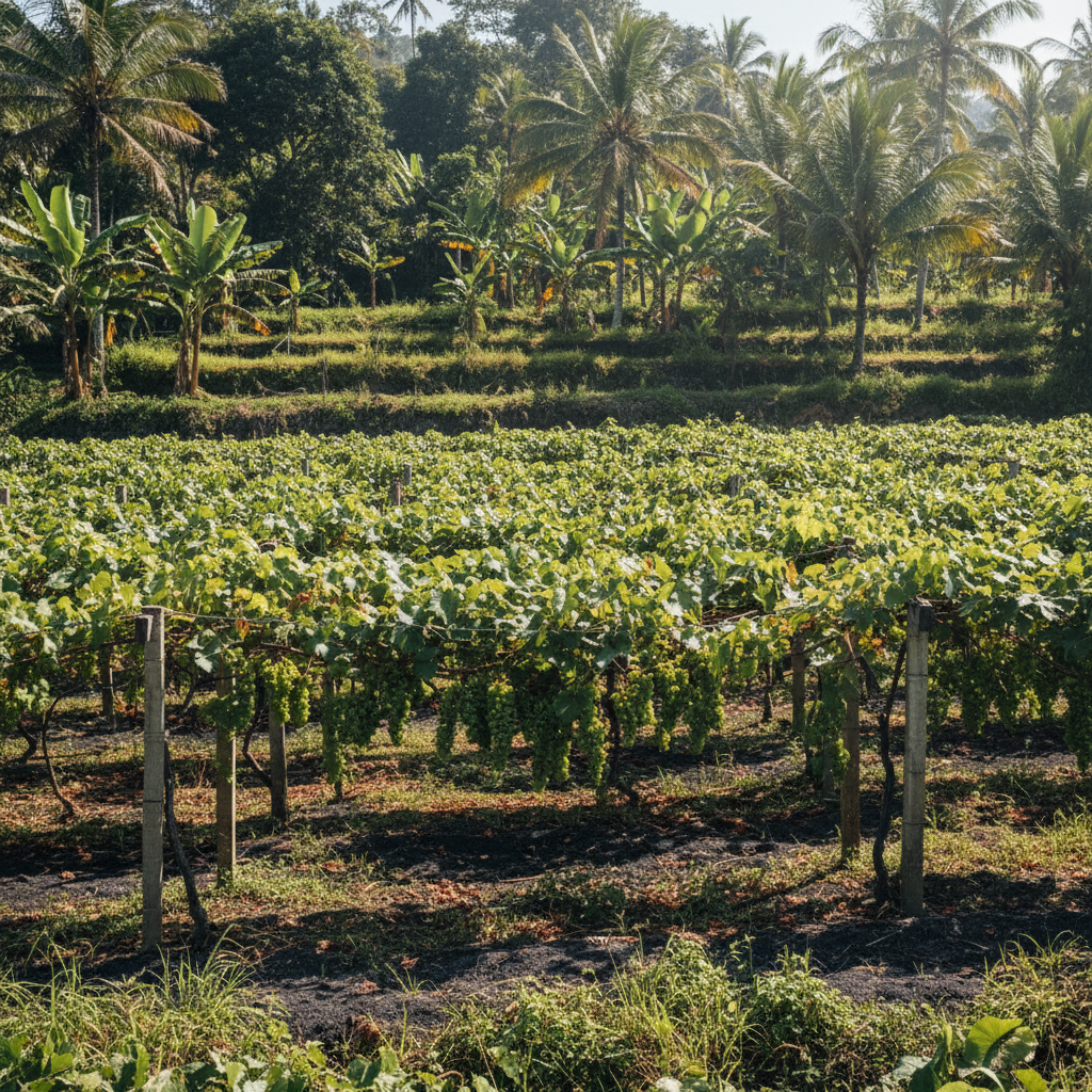 Vinhedo tropical exuberante em Bali, Indonésia, sob luz solar intensa, com palmeiras e solo vulcânico ao fundo.