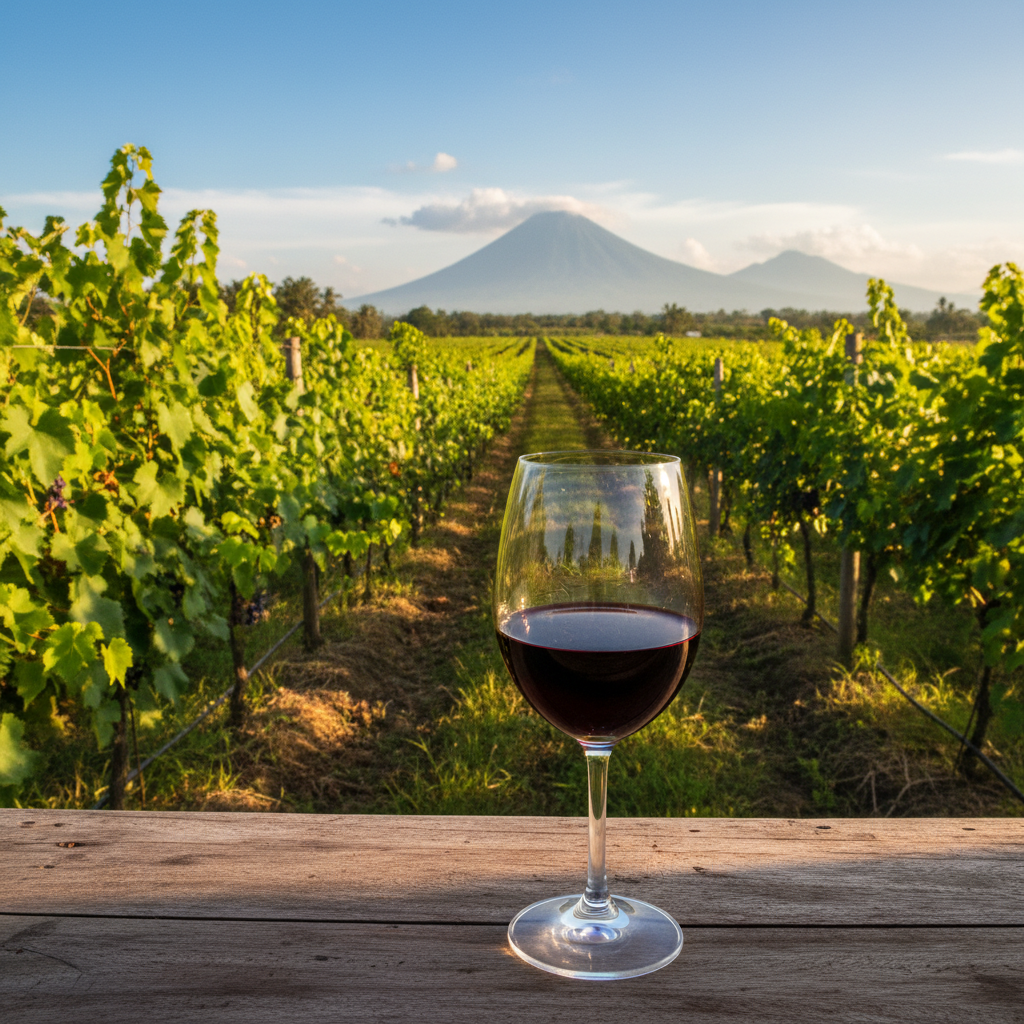 Um copo de vinho tinto sobre uma mesa rústica, com um vinhedo tropical exuberante e montanhas vulcânicas da Indonésia ao fundo, sob um céu azul claro.