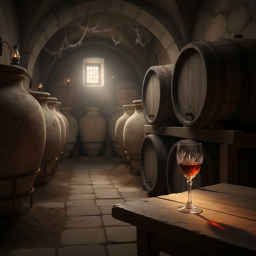 Antiga adega persa com ânforas de barro e barris de madeira, um ambiente que remete à história milenar do vinho no Irã.