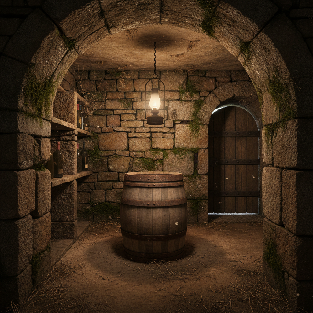 Antiga adega clandestina no Irã, com paredes de pedra e um barril de madeira, simbolizando a produção secreta de vinho.