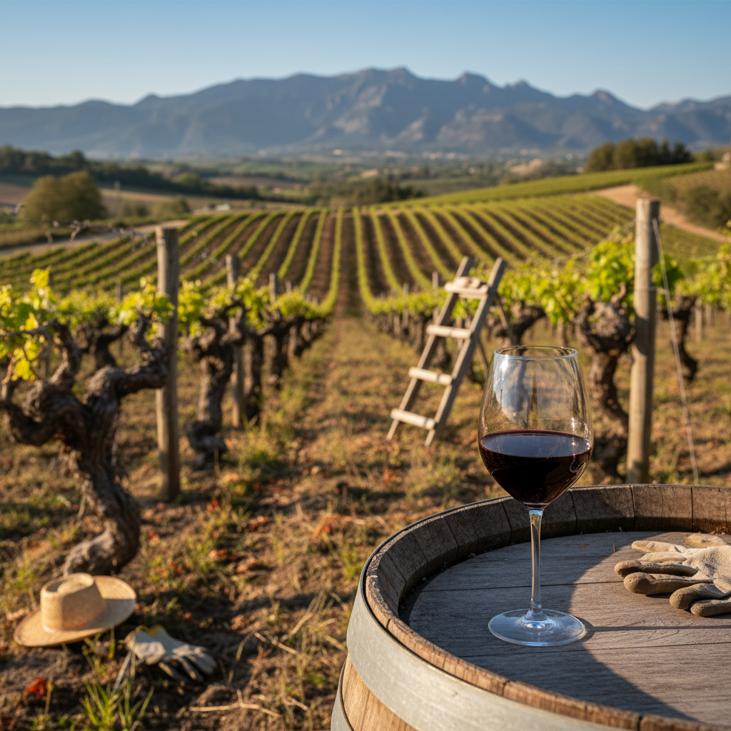 Vinhedo antigo ao nascer do sol com taça de vinho em barril, simbolizando o potencial econômico do vinho iraniano.