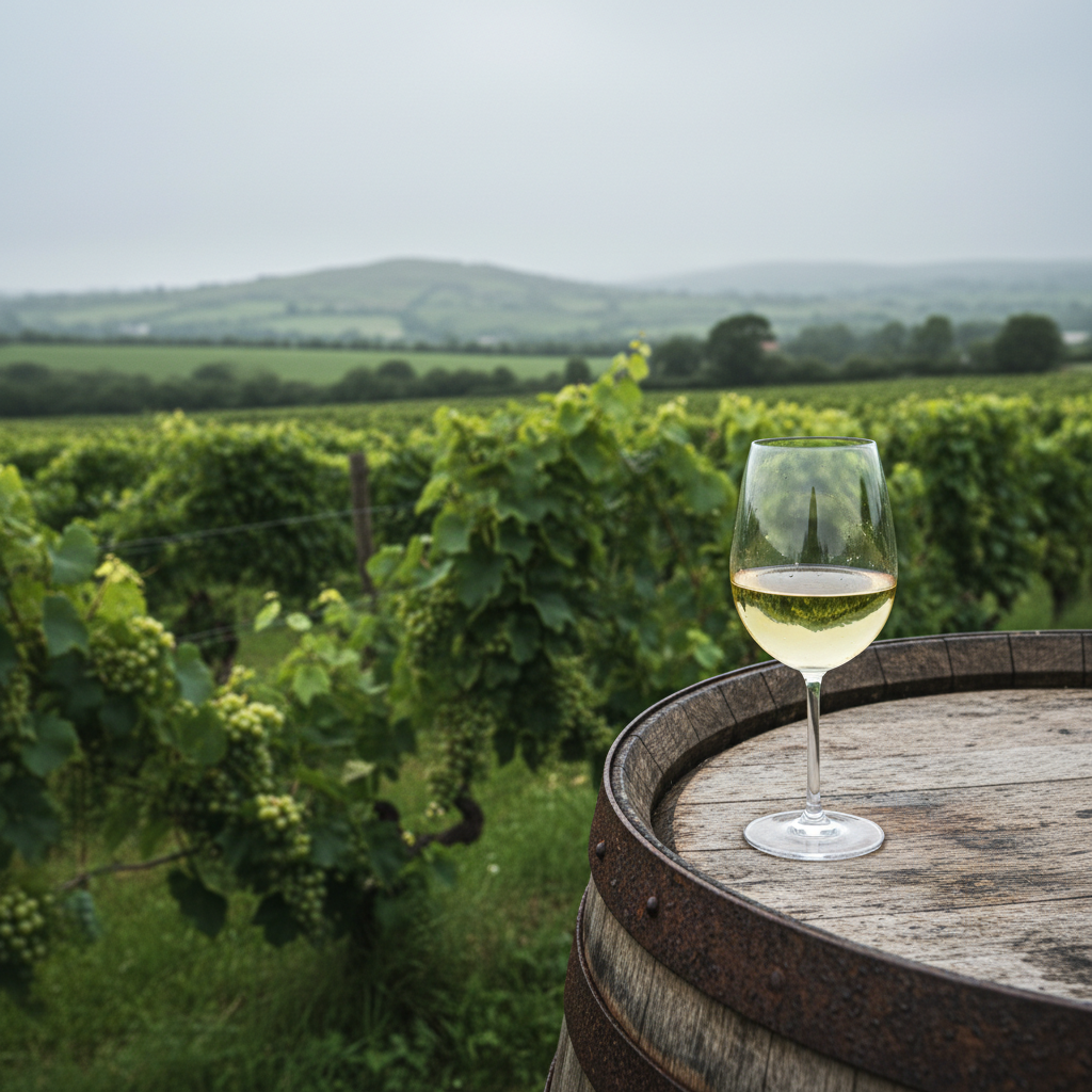 Vinhedo verde e exuberante em uma paisagem irlandesa nebulosa, com uma taça de vinho branco sobre um barril de madeira rústico.