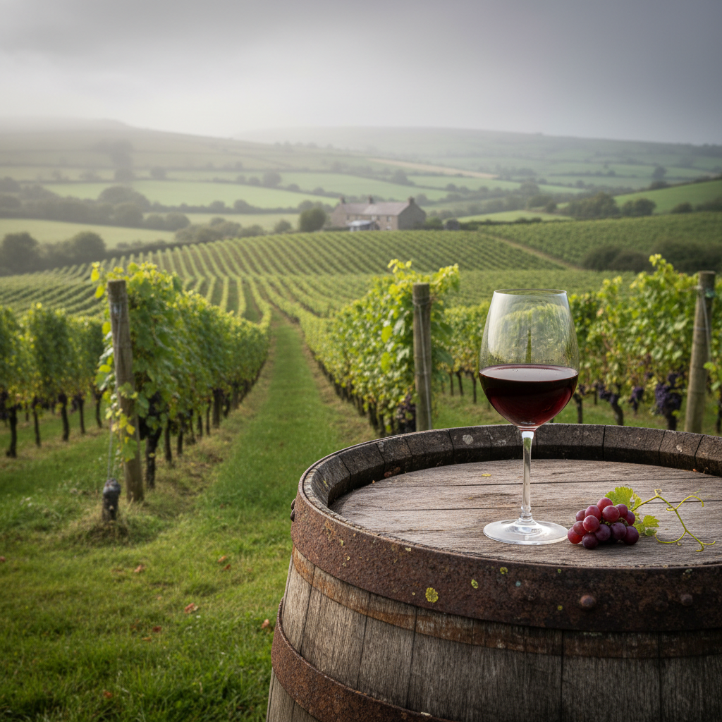 Vinhedo exuberante na Irlanda, com colinas verdes e neblina suave, um copo de vinho tinto elegante repousando sobre um barril de carvalho rústico.