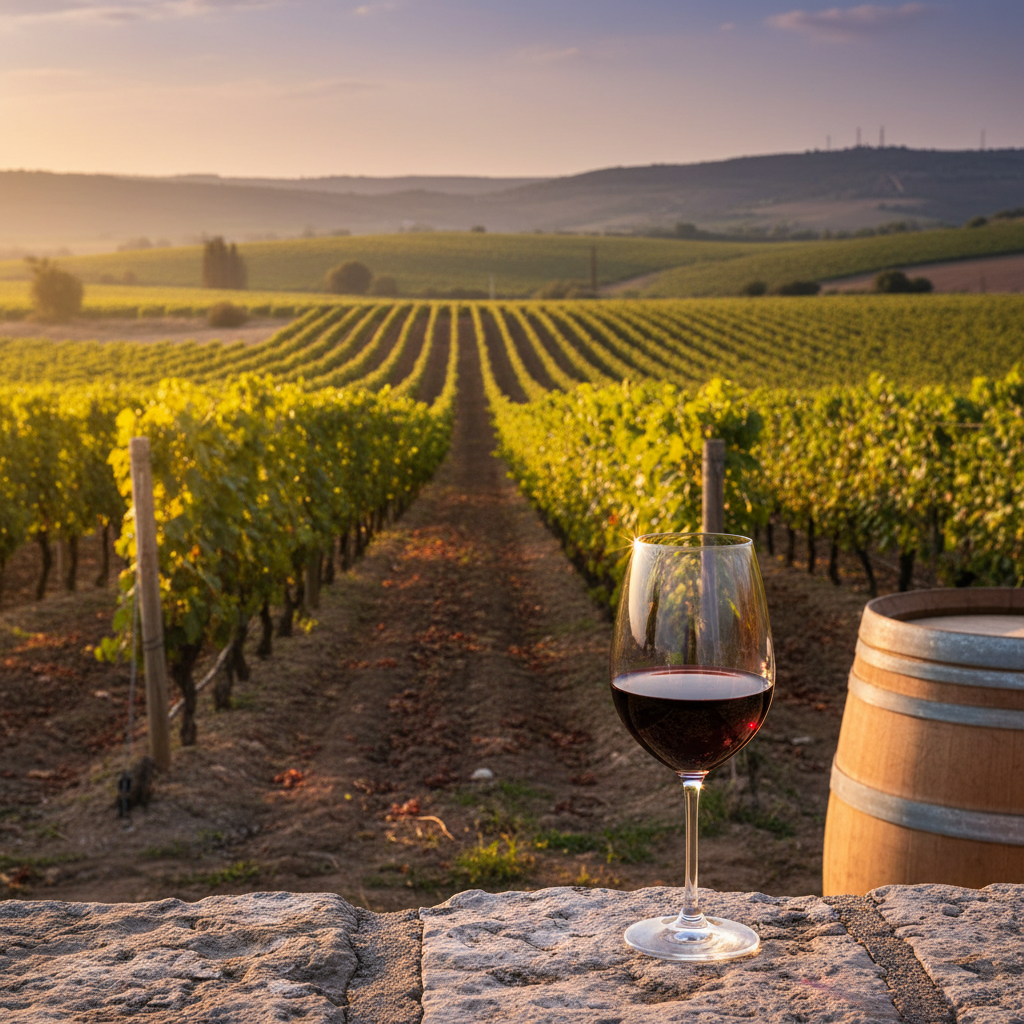 Vinhedo israelense exuberante ao entardecer, com taça de vinho tinto e barril, simbolizando a rica tradição e a qualidade dos vinhos de Israel.