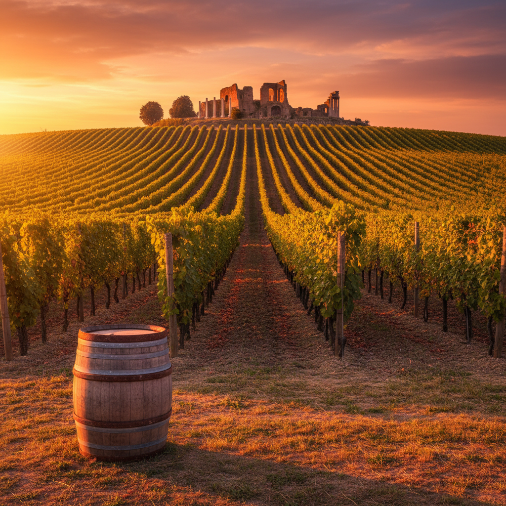 Vinhedo italiano ao pôr do sol com ruínas romanas ao fundo e barril de vinho.