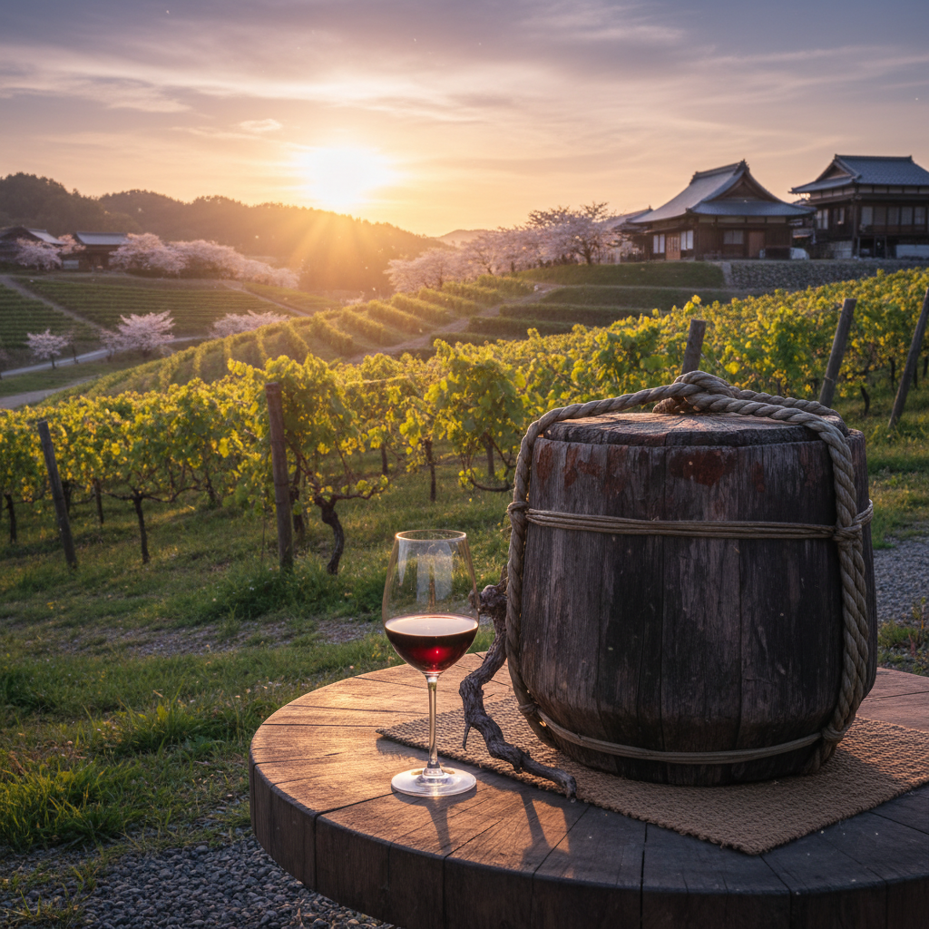Vinhedo japonês ao pôr do sol com taça de vinho e barril de saquê antigo, simbolizando a transição histórica do Japão no mundo do vinho.