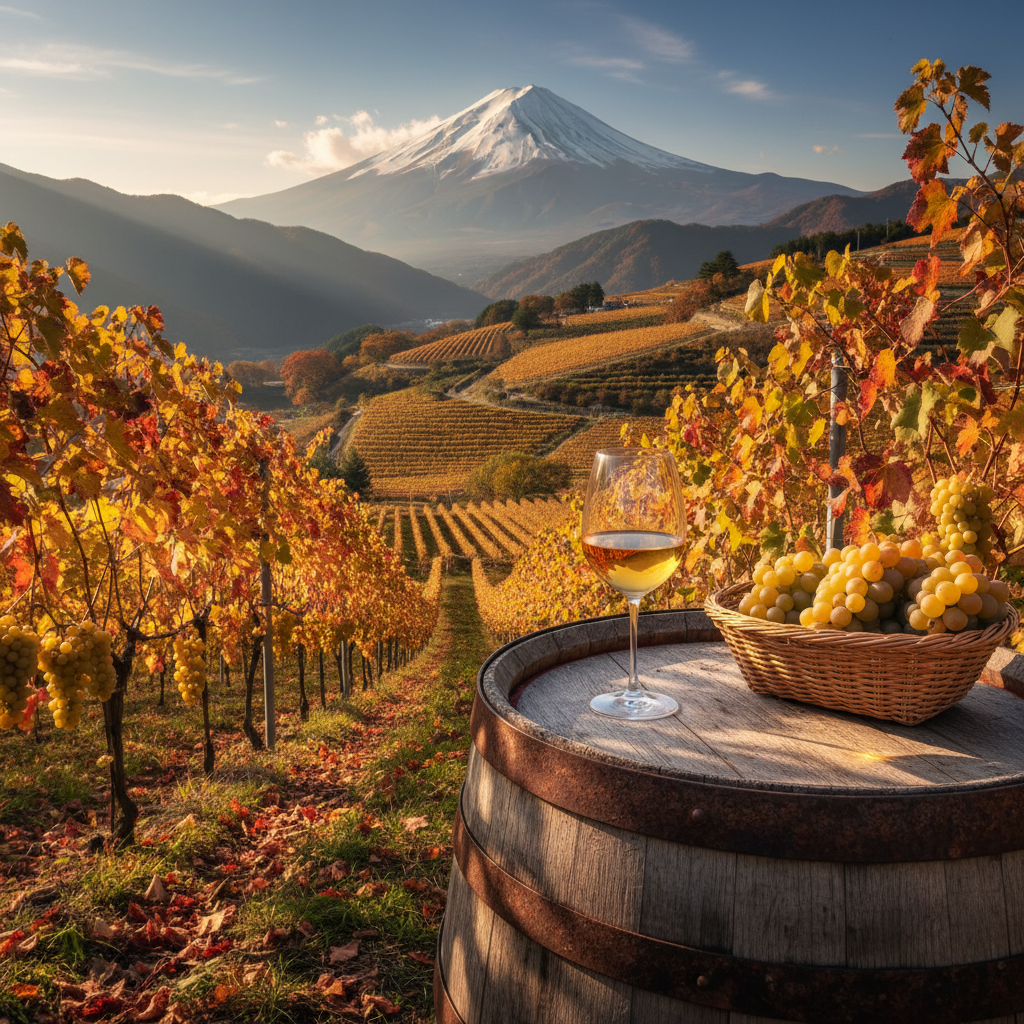 Vinhedo japonês com vista para o Monte Fuji, barril de madeira e taça de vinho Koshu ao pôr do sol.