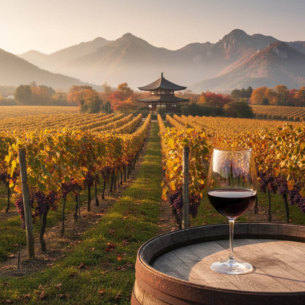 Vinhedo japonês em Nagano ou Yamagata ao pôr do sol, com uma taça de vinho tinto sobre um barril de carvalho, refletindo a paisagem montanhosa.