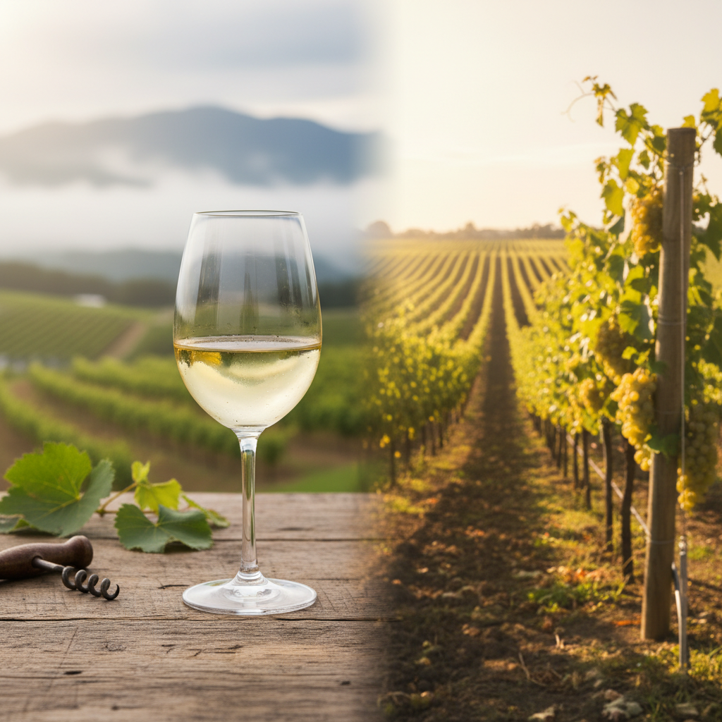 Taça de vinho branco japonês com vinhedos do Japão e do Novo Mundo sutilmente desfocados ao fundo, simbolizando a comparação global.