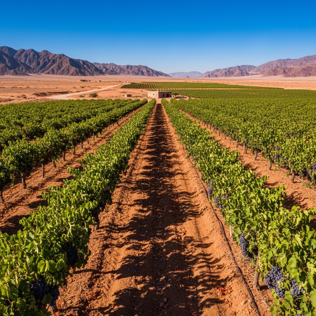 Vinhedo exuberante florescendo em meio a um deserto ensolarado na Jordânia, mostrando a resiliência da viticultura em climas áridos.